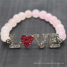 Cuarzo rosa 8mm granos redondos pulsera de piedras preciosas estiramiento con aleación diamante Love Piece